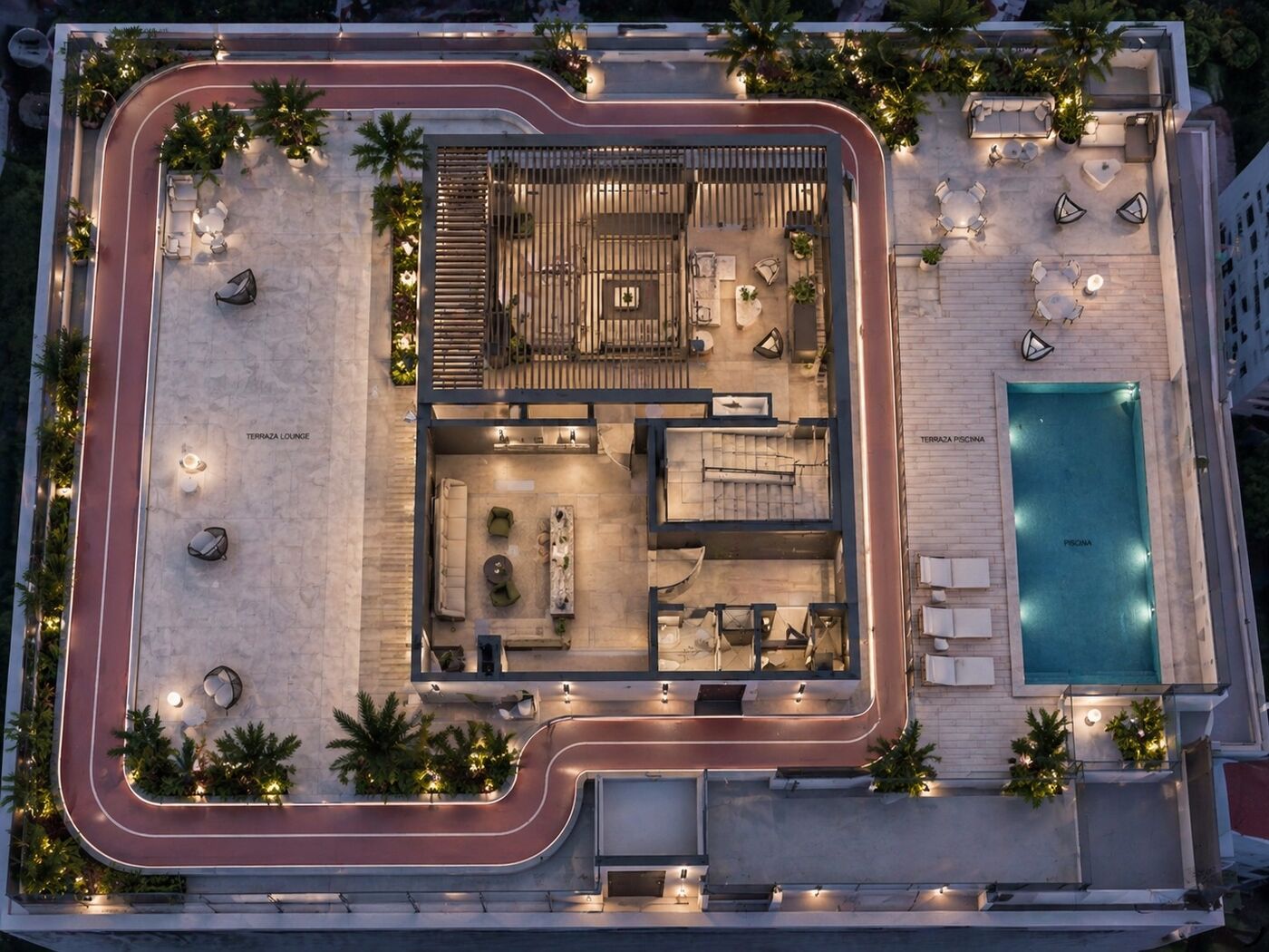 Azotea con piscina, terraza lounge y pista de trote perimetral