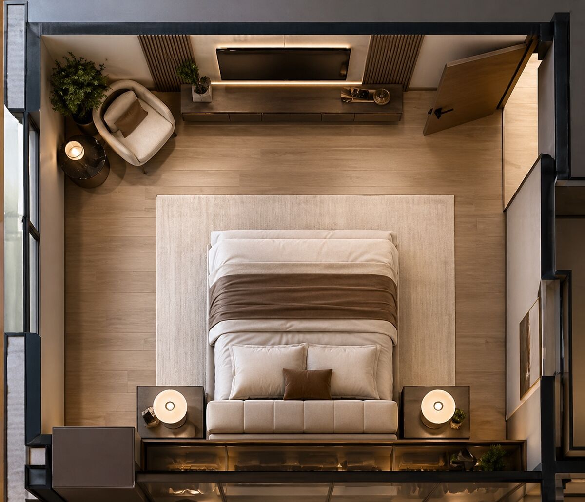 Habitación principal con acabados en madera