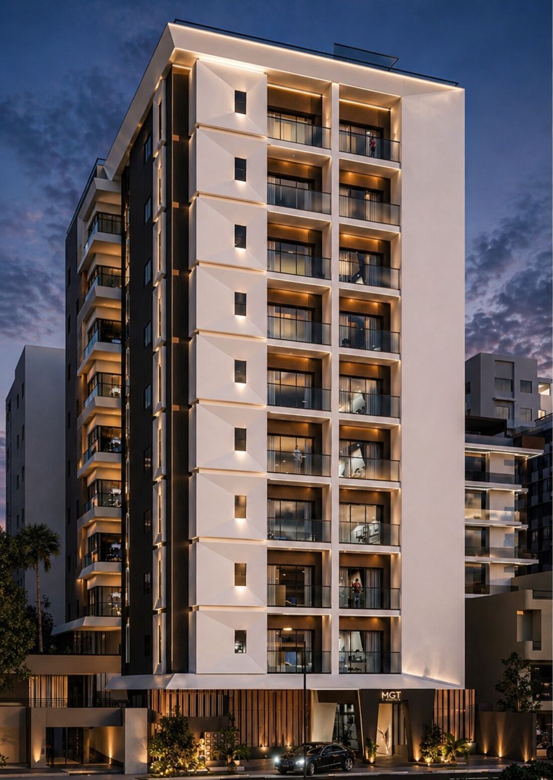 Render nocturno de la torre MGT Residences