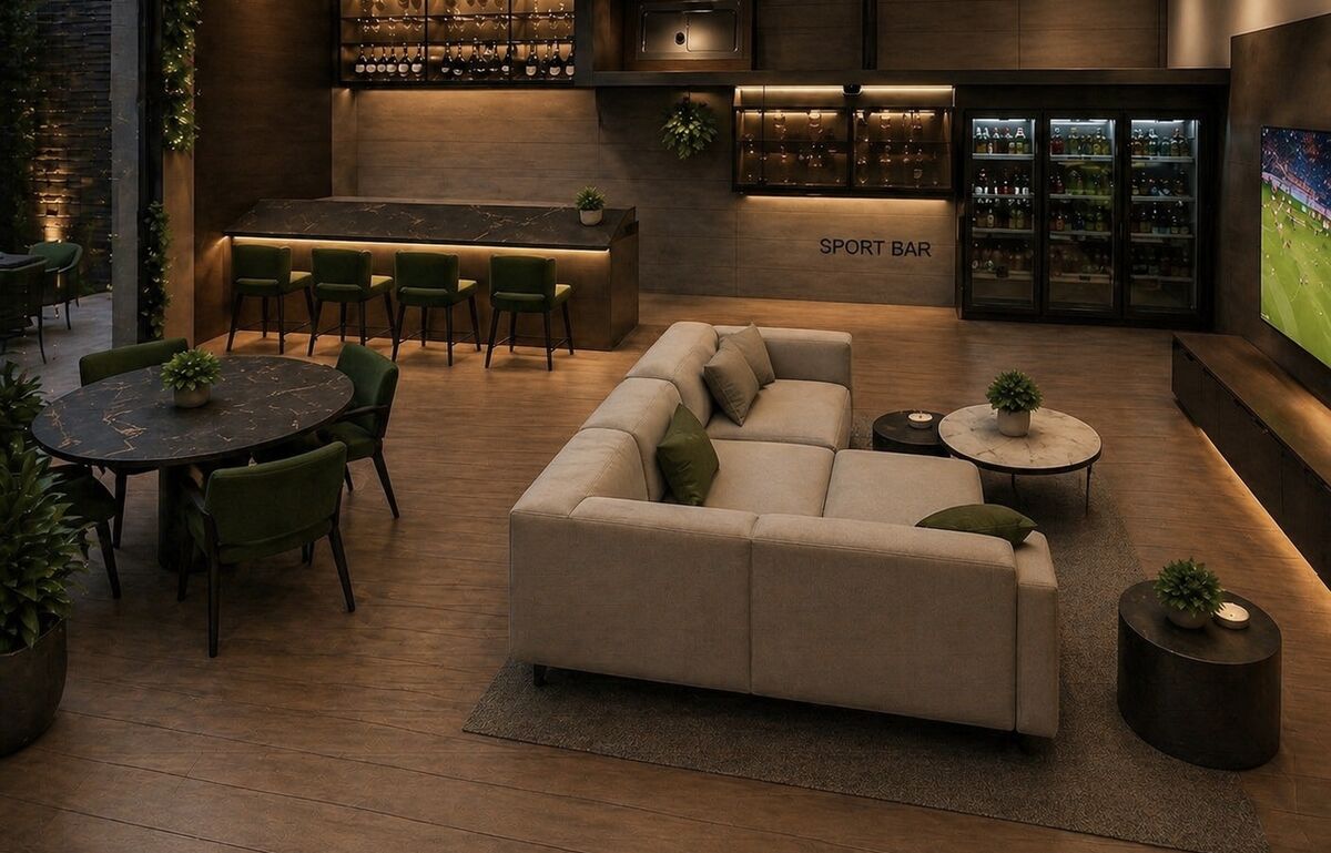 Sport bar con barra, cava y sala